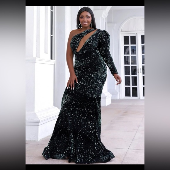 Seomiscky Plus Size One Shoulder Dress Green Sequin Dress - Picture 3 of 9